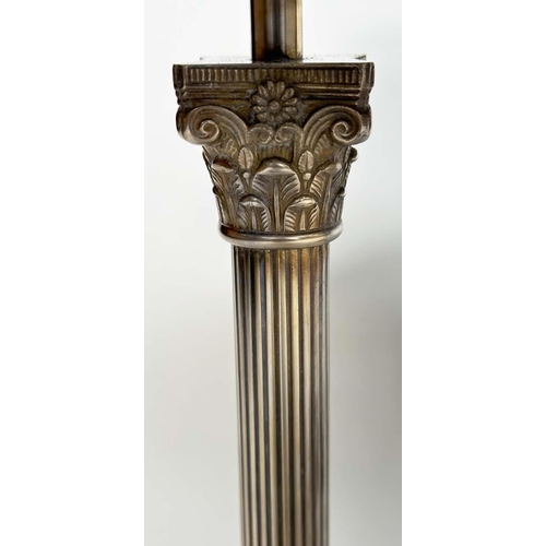 256 - TABLE LAMPS, a pair, silvered metal with reeded Corinthian columns and stepped bases, with shades 50... 