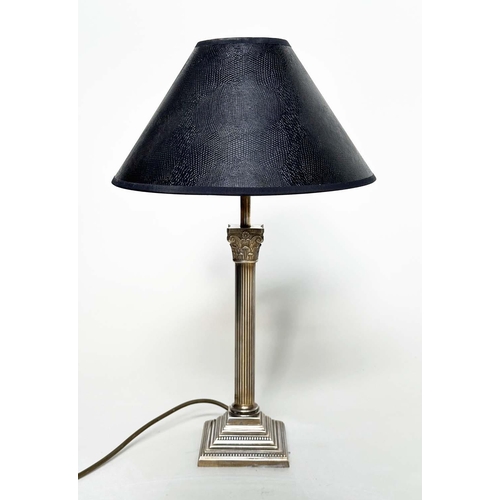 256 - TABLE LAMPS, a pair, silvered metal with reeded Corinthian columns and stepped bases, with shades 50... 