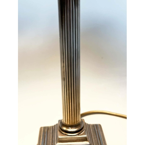 256 - TABLE LAMPS, a pair, silvered metal with reeded Corinthian columns and stepped bases, with shades 50... 