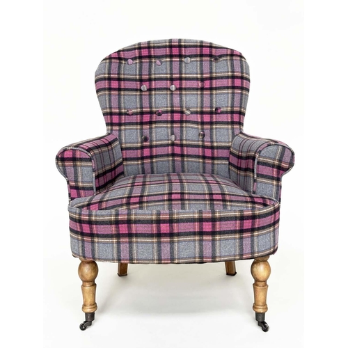 257 - ARMCHAIR, Victorian style plaid upholstered with scroll arms, button back and turned supports, 80cm ... 