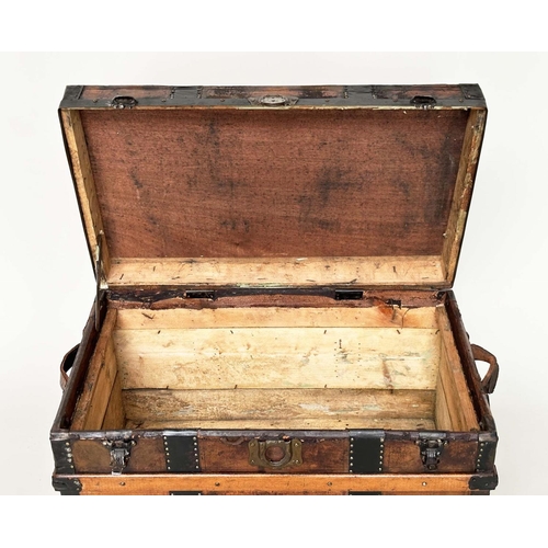 258 - TRAVELLING TRUNK, early 20th century cloth bound, ash wood slatted and metal bound with rising lid a... 