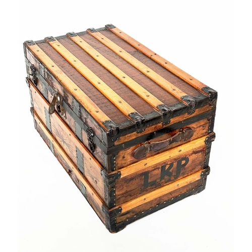 258 - TRAVELLING TRUNK, early 20th century cloth bound, ash wood slatted and metal bound with rising lid a... 