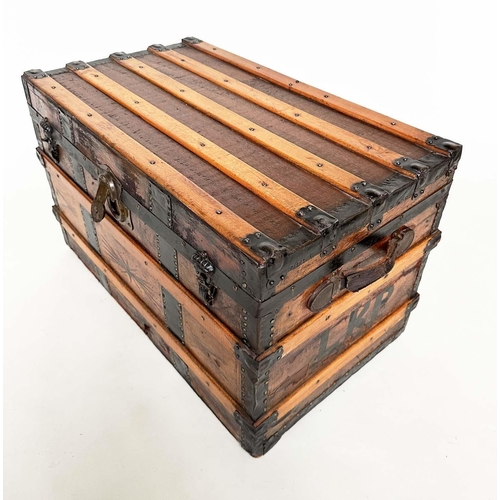 258 - TRAVELLING TRUNK, early 20th century cloth bound, ash wood slatted and metal bound with rising lid a... 