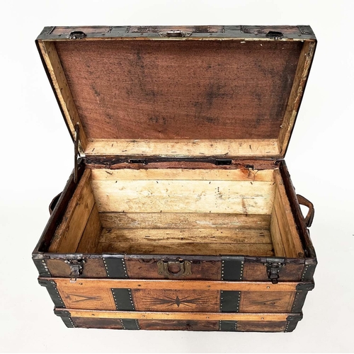 258 - TRAVELLING TRUNK, early 20th century cloth bound, ash wood slatted and metal bound with rising lid a... 