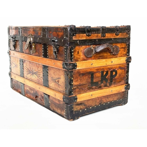 258 - TRAVELLING TRUNK, early 20th century cloth bound, ash wood slatted and metal bound with rising lid a... 