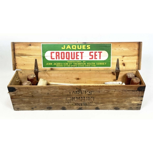 26 - JAQUES CROQUET SET, early/mid 20th century comprising four clubs, balls, hoops, end post etc, in a p... 