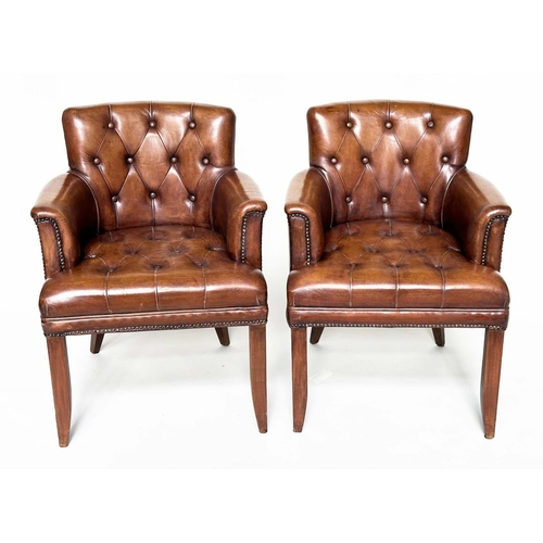 260 - TUB ARMCHAIRS, a pair, bridge style soft natural antique tan leather upholstered with buttoned backs... 