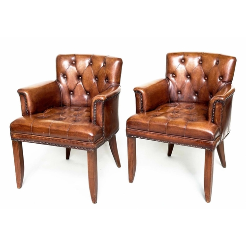 260 - TUB ARMCHAIRS, a pair, bridge style soft natural antique tan leather upholstered with buttoned backs... 