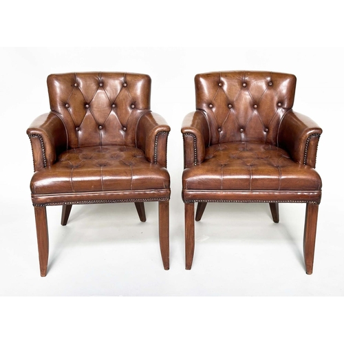 260 - TUB ARMCHAIRS, a pair, bridge style soft natural antique tan leather upholstered with buttoned backs... 