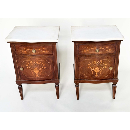 262 - BEDSIDE COMMODINOS, a pair, Italian walnut and foliate satinwood marquetry each with drawer and door... 