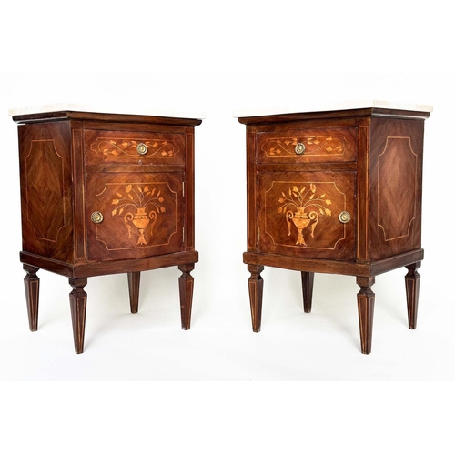 262 - BEDSIDE COMMODINOS, a pair, Italian walnut and foliate satinwood marquetry each with drawer and door... 