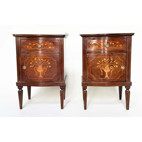 262 - BEDSIDE COMMODINOS, a pair, Italian walnut and foliate satinwood marquetry each with drawer and door... 