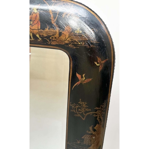 263 - WALL MIRROR, early 20th century lacquered rounded rectangular with gilt polychrome Chinoiserie decor... 