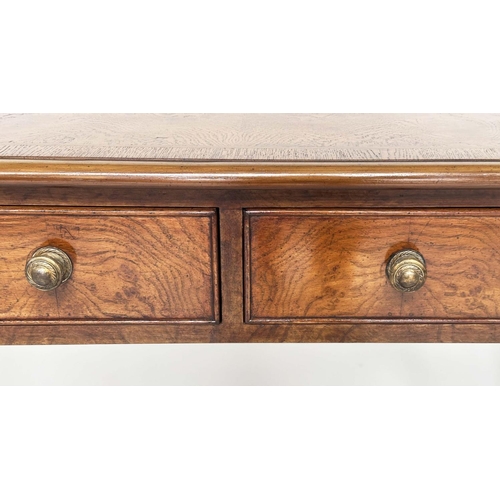 265 - HALL TABLE, George III design burr elm and crossbanded with four frieze drawers, 125cm x 32cm x 76cm... 