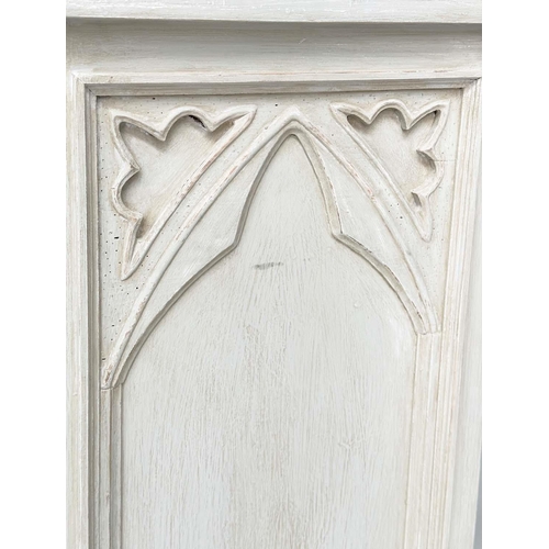 269 - LOW CHEST, Gothic design traditionally grey painted with seven drawers, 140cm W x 43cm D x 79cm H.