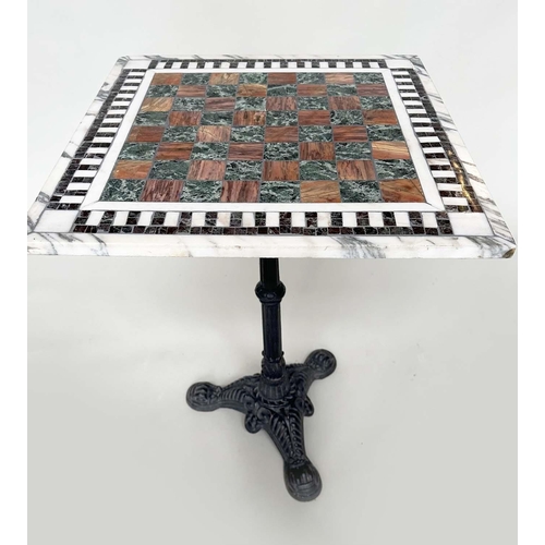 272 - MARBLE TABLE, square games inset top on cast iron triform base, 56cmx  56cm x 73cm H.