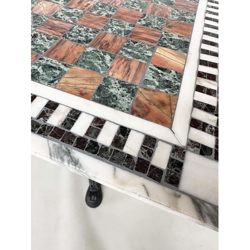 272 - MARBLE TABLE, square games inset top on cast iron triform base, 56cmx  56cm x 73cm H.