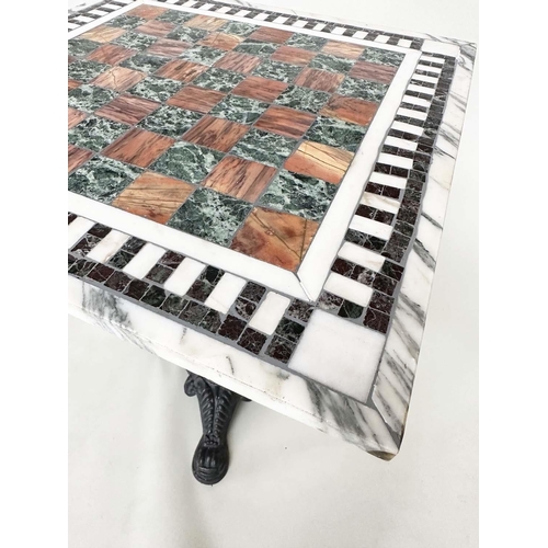 272 - MARBLE TABLE, square games inset top on cast iron triform base, 56cmx  56cm x 73cm H.