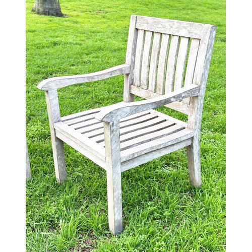 273 - GARDEN ARMCHAIRS, a pair, well weathered teak of slatted construction, 58cm W. (2)