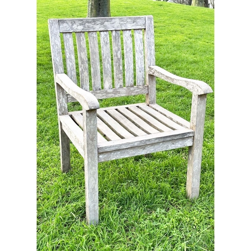 273 - GARDEN ARMCHAIRS, a pair, well weathered teak of slatted construction, 58cm W. (2)