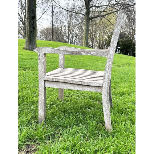 273 - GARDEN ARMCHAIRS, a pair, well weathered teak of slatted construction, 58cm W. (2)