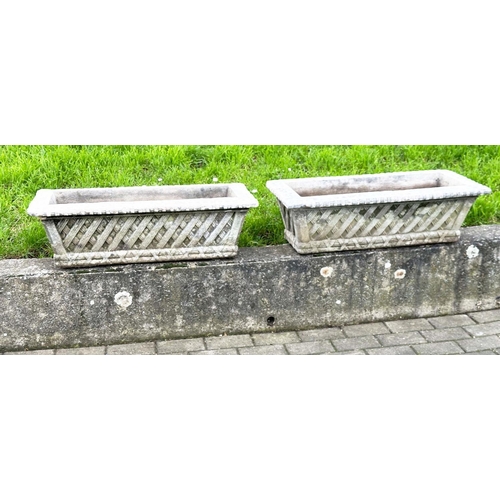 274 - GARDEN PLANTERS/WINDOW BOXES, well weathered reconstituted stone, rectangular with basket work trell... 