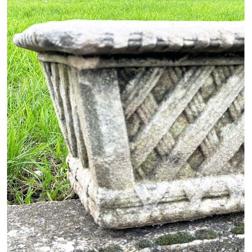 274 - GARDEN PLANTERS/WINDOW BOXES, well weathered reconstituted stone, rectangular with basket work trell... 