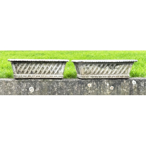 274 - GARDEN PLANTERS/WINDOW BOXES, well weathered reconstituted stone, rectangular with basket work trell... 