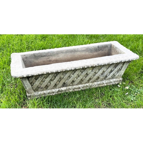 274 - GARDEN PLANTERS/WINDOW BOXES, well weathered reconstituted stone, rectangular with basket work trell... 