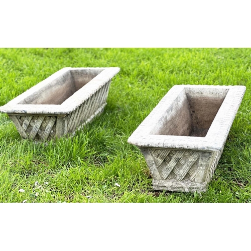 274 - GARDEN PLANTERS/WINDOW BOXES, well weathered reconstituted stone, rectangular with basket work trell... 