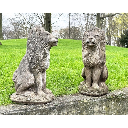 276 - GARDEN LIONS, a pair, well weathered reconstituted stone, seated, 57cm H. (2)