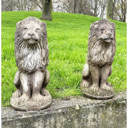 276 - GARDEN LIONS, a pair, well weathered reconstituted stone, seated, 57cm H. (2)