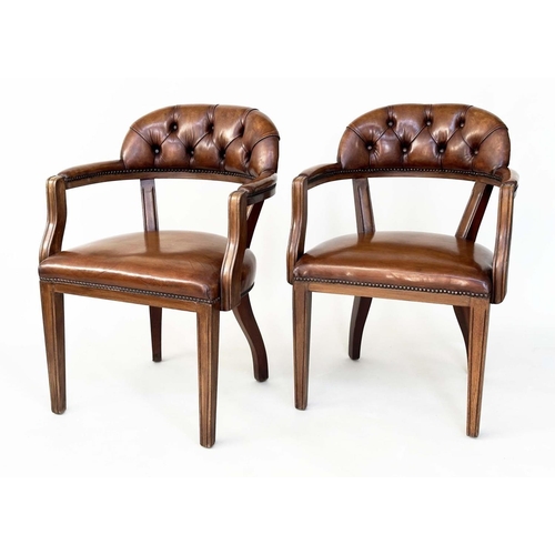 277 - LIBRARY ARMCHAIRS, a pair, Georgian design antique studded and buttoned soft tan brown leather with ... 