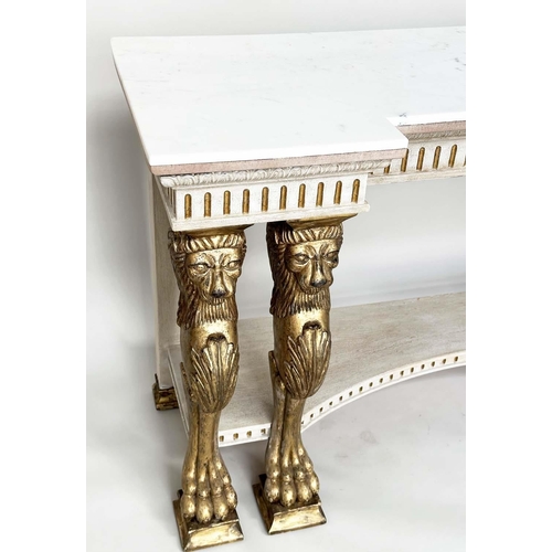 282 - CONSOLE TABLE, Neo Classical form giltwood and gesso-moulded with inverted breakfront marble top, fl... 