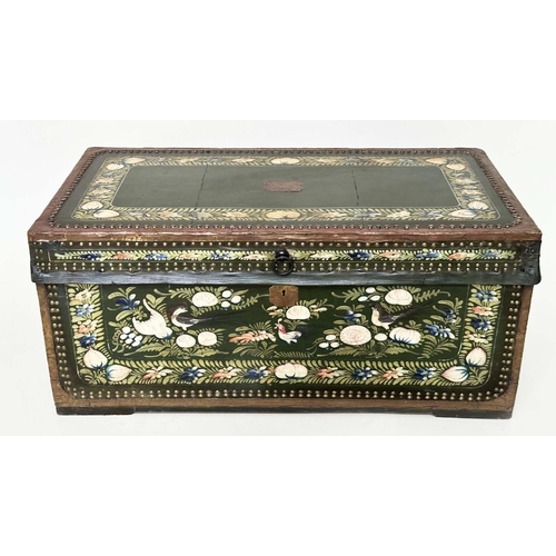 287 - CHINESE EXPORT TRUNK, late 19th century hand painted and studded camphorwood depicting birds and blo... 