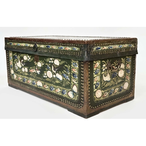 287 - CHINESE EXPORT TRUNK, late 19th century hand painted and studded camphorwood depicting birds and blo... 