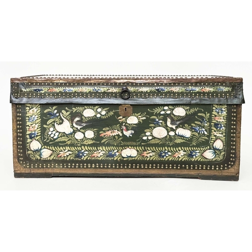 287 - CHINESE EXPORT TRUNK, late 19th century hand painted and studded camphorwood depicting birds and blo... 