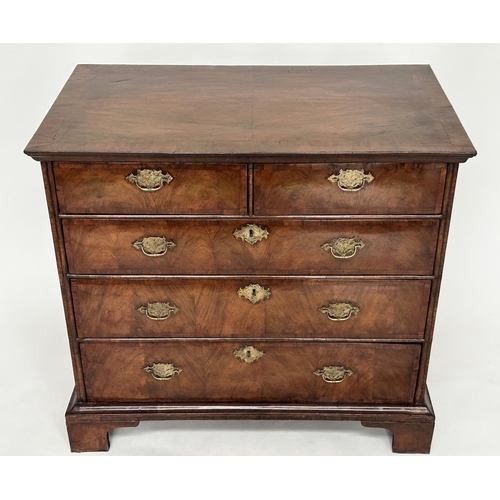 302 - CHEST, early 18th century English Queen Anne figured walnut and crossbanded with quartered top above... 