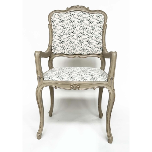 303 - FAUTEUILS, a pair, French Louis XV style grey painted with eucalyptus print linen upholstery. (2)