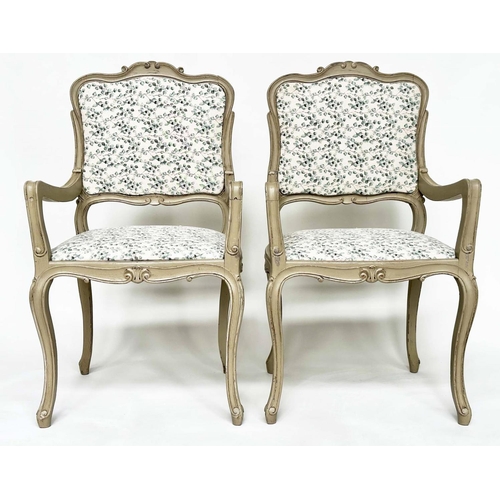 303 - FAUTEUILS, a pair, French Louis XV style grey painted with eucalyptus print linen upholstery. (2)