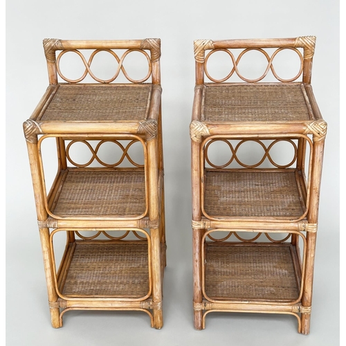 305 - SIDE TABLES, a pair, rattan framed, wicker panelled and cane bound each with three tiers, 34cm x 34c... 