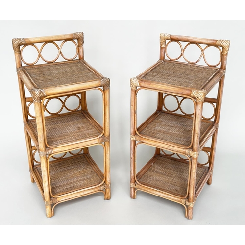 305 - SIDE TABLES, a pair, rattan framed, wicker panelled and cane bound each with three tiers, 34cm x 34c... 