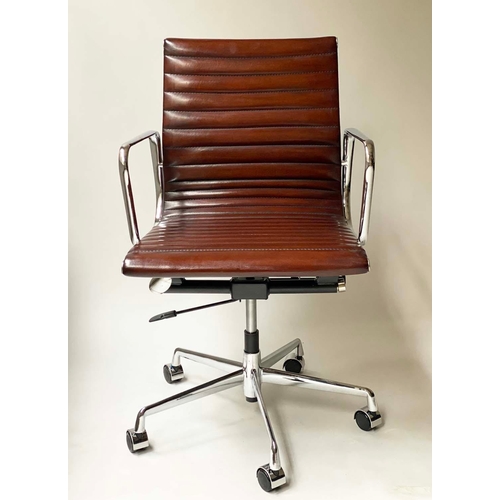 306 - AFTER CHARLES AND RAY EAMES ALUMINIUM GROUP STYLE DESK CHAIR, with ribbed natural mid brown leather ... 