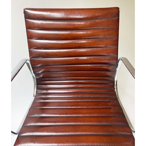 306 - AFTER CHARLES AND RAY EAMES ALUMINIUM GROUP STYLE DESK CHAIR, with ribbed natural mid brown leather ... 