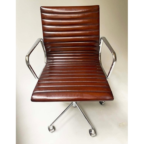 306 - AFTER CHARLES AND RAY EAMES ALUMINIUM GROUP STYLE DESK CHAIR, with ribbed natural mid brown leather ... 