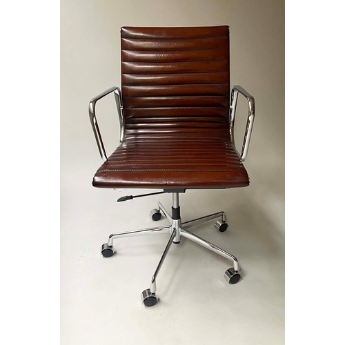 306 - AFTER CHARLES AND RAY EAMES ALUMINIUM GROUP STYLE DESK CHAIR, with ribbed natural mid brown leather ... 