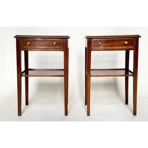 308 - LAMP TABLES, a pair, George III design mahogany and satinwood crossbanded each with drawer and under... 