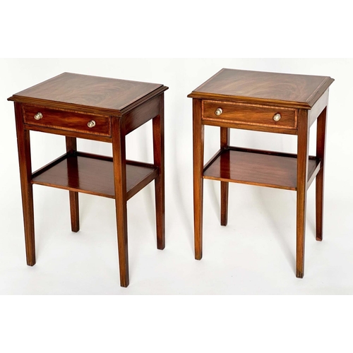 308 - LAMP TABLES, a pair, George III design mahogany and satinwood crossbanded each with drawer and under... 