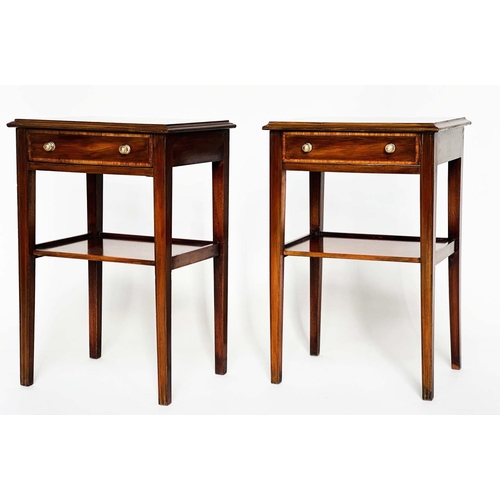 308 - LAMP TABLES, a pair, George III design mahogany and satinwood crossbanded each with drawer and under... 