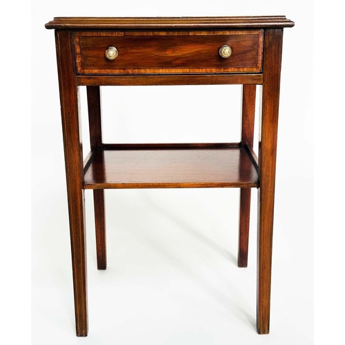 308 - LAMP TABLES, a pair, George III design mahogany and satinwood crossbanded each with drawer and under... 